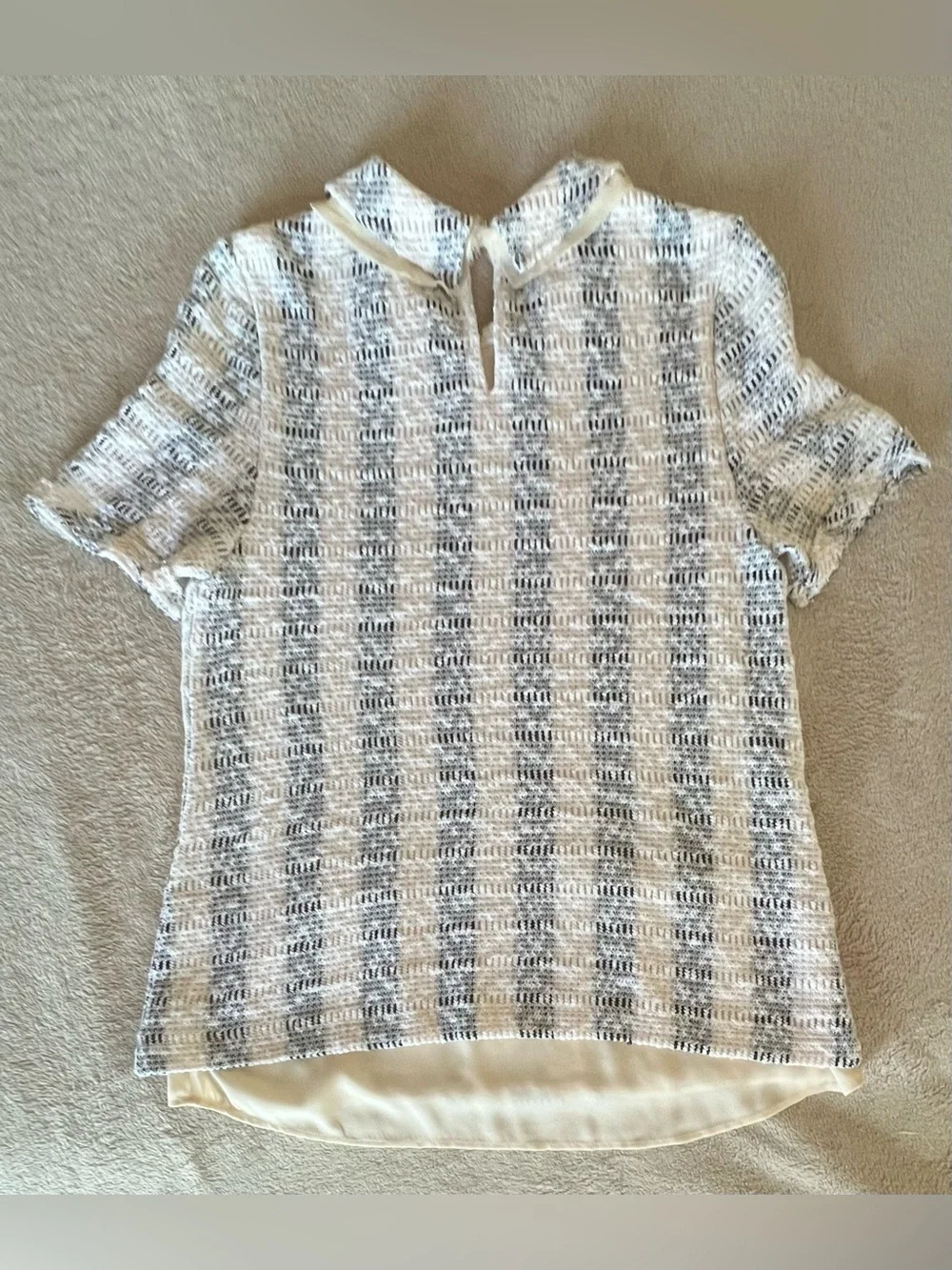 Anthropologie 9-H15 STCL Cream Short-Sleeve Tweed Top with Peter Pan Collar
